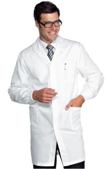 MEN'S WHITE COAT 100 CM PRESSURE BUTTERFLY OEKO-TEX&reg; STANDARD 100 CERTIFICATE N. 25CX00077 CL II CENTROCOT White Isacco